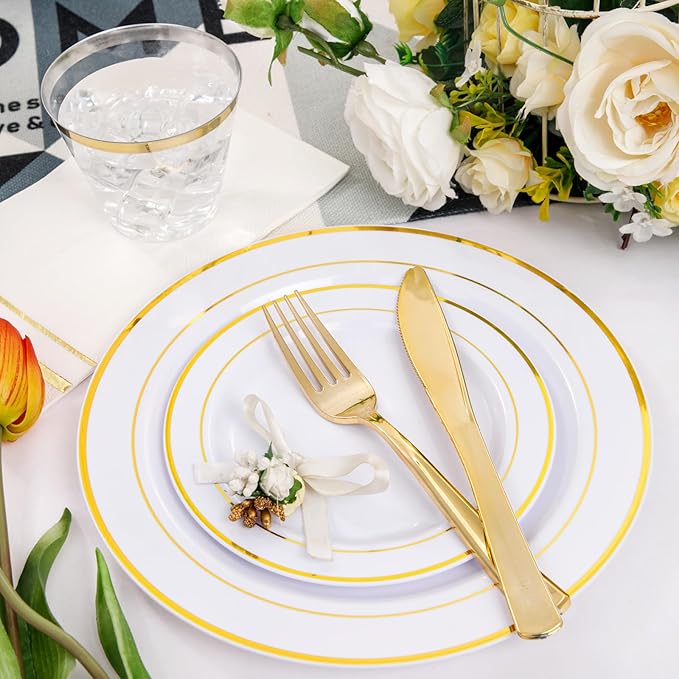 NOCCUR 700PCS Gold Plastic Plates - Gold Disposable Dinnerware Set for 100 - Include 200 Dinner/Dessert Plates, 300 Cutlery, 100 Cups, 100 Napkins, Idea for Wedding/Party/New Year