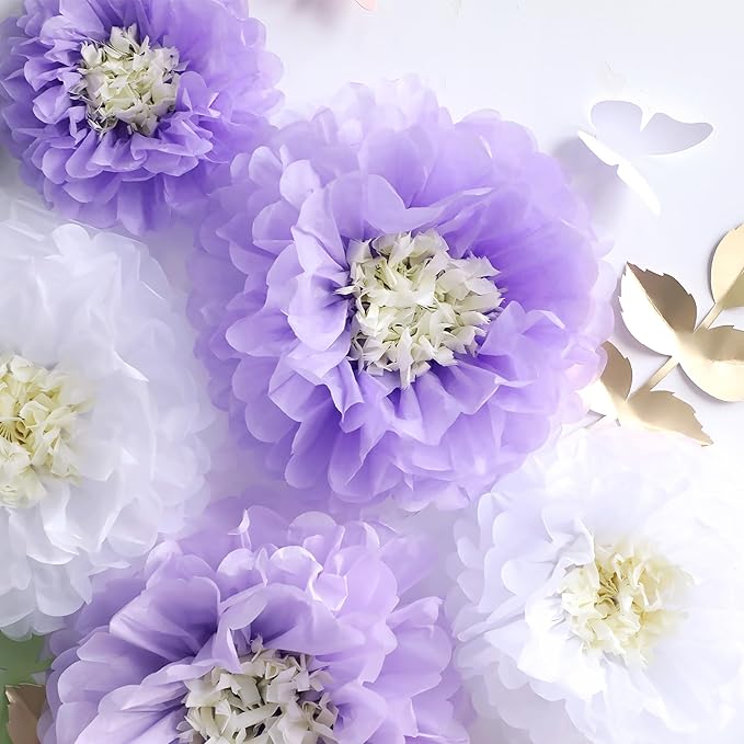Fonder Mols Tissue Paper Chrysanth Flowers with Butterfly and Olive Leaves for Wedding Baby Shower Nursery Room Parties & Events Decorations Pom Poms (Purple White)