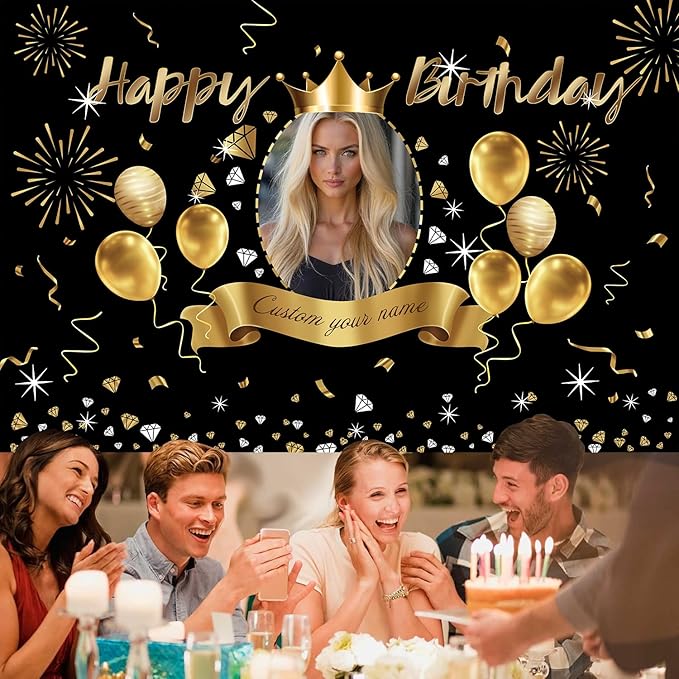 Custom Black Gold Crown Happy Birthday Banner Backdrop Personalized Happy Birthday Golden Balloon Diamond Backgroud Party Indoor Outdoor Car Decoration Supplies for Man Women (5x7.5ft)