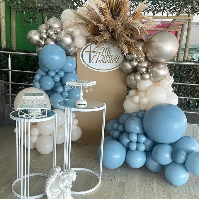 Dusty Blue Balloon Set, 60Pcs 12 Inch Retro Baby Slate Blue Ivory White Metallic Silver Balloons Birthday Decor, Pastel Blue Beige Cream Ocean Balloon for Bridal Wedding Gender Reveal Party Decoration