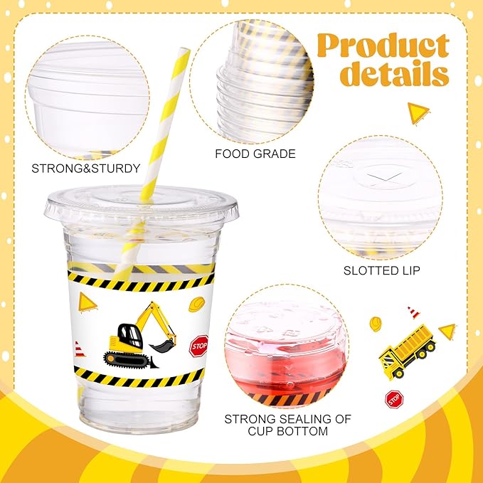 Yungyan 50 Sets Construction Truck Plastic Cups with Lids and Straws 16 oz Disposable Coffee Juice Drinking Hot Cold Clear Cup for Home Birthday Baby Shower Party Favors Supplies Decoration Holiday
