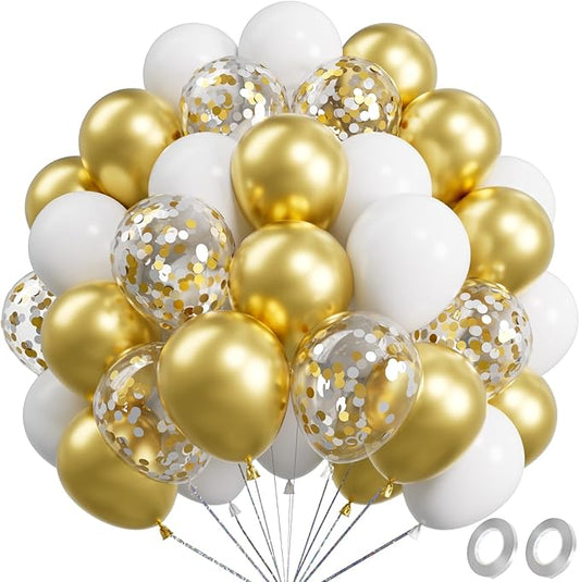 Metallic Shiny Gold and White Balloons 12 Inch 67PCS White Gold Confetti Balloons Latex Helium Balloon Set for Graduation Anniversary Wedding Birthday Party Decorations