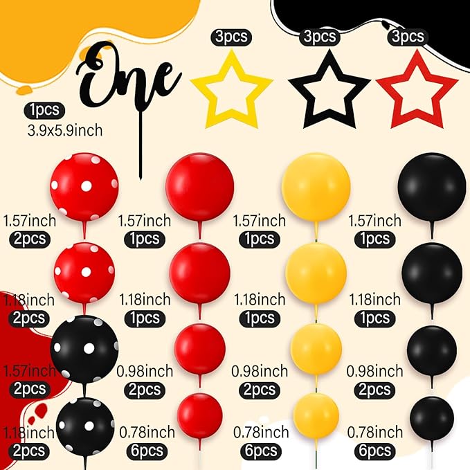 57 Pcs Black Red Yellow Ball Star Cake Topper Set Cartoon Cake Decorations with Flag DIY Insert Topper for One Two Years Happy Birthday Decorations Baby Shower Party Supplies(One Year)