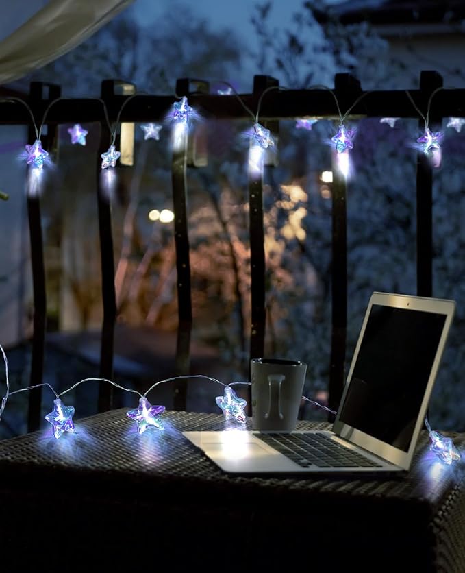 AceList 20 LED Star String Lights, 10ft Iridescent Star Lights with Remote, IP44 Waterproof, 8 Modes USB or Battery Operated Fairy Lights for Bedroom, Christmas, Party Decor (White)