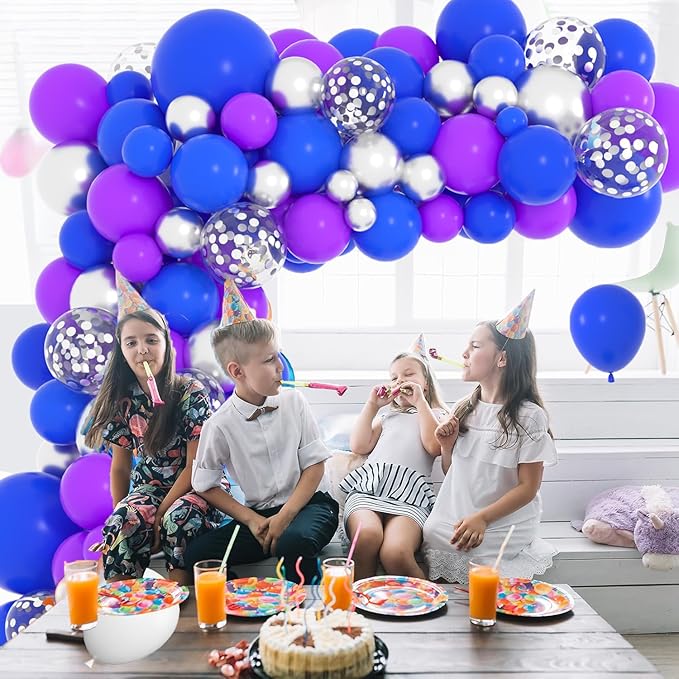 Purple Blue Silver Balloon Garland Arch Kit - Blue Purple Metallic Silver Balloons Video Game Birthday for Video Gamer Miner Birthday Outer Space Anniversary Wedding Graduation Party Decors