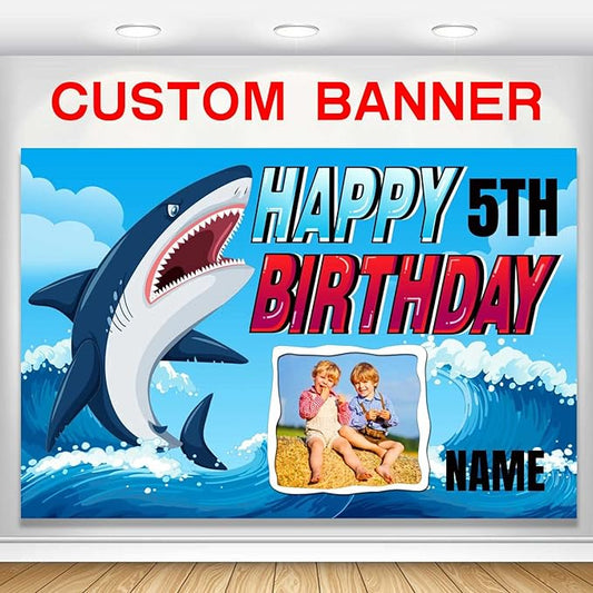 Custom Shark Happy Birthday Party Decorations Supplies Personalized Shark Ocean Themed Birthday Backdrop Banner(4x6ft)