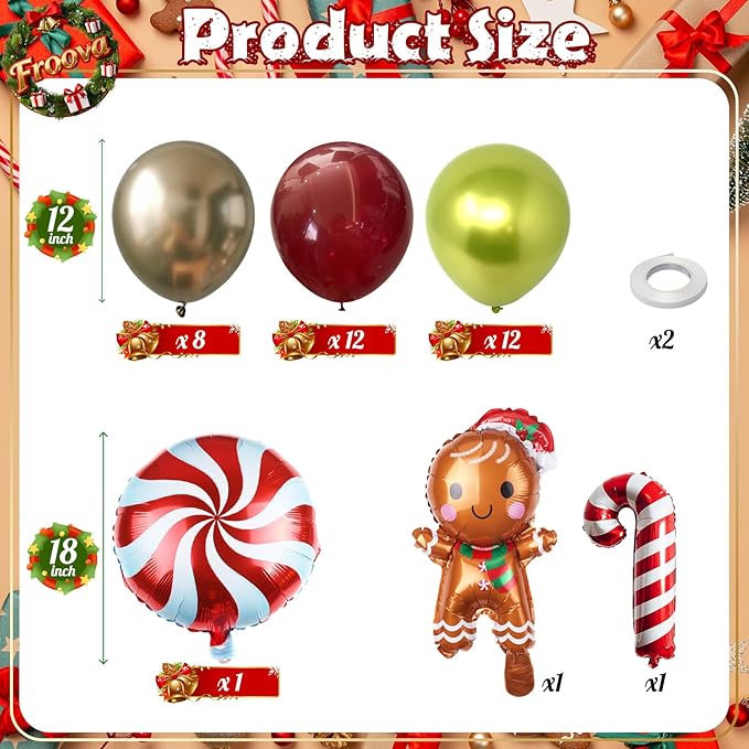 Red and Green Christmas Balloon, 12'' Retro Maroon Ruby Red Metallic Gold Pastel Green Xmas Latex Balloons with Candy Cane Gingerbread Man Foil Balloon for Merry Christmas Party New Year Decorations