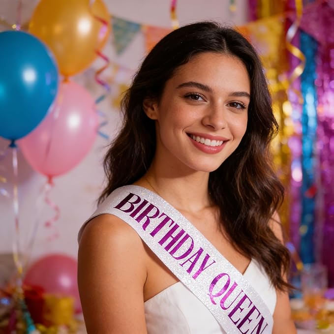 Birthday Queen Sash, Purple Foil Letter Glitter White Birthday Sash for Women 21st 30th 40th 50th 60th Gifts Fun Bday Party Favors Decorations