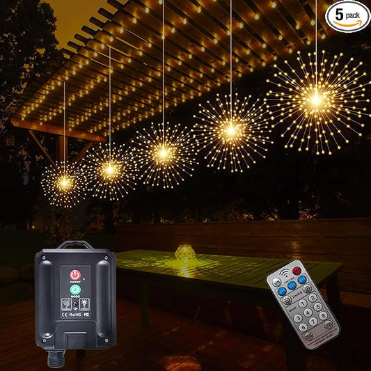 SHUKAN 5 Pcs 1000LED Solar Starburst Sphere Lights,Firework Light Remote Control Timer 8 Modes Dimmable Waterproof Hanging Fairy Light, Sparkly Lights for Patio Garden Tent Outdoor(Warm White)