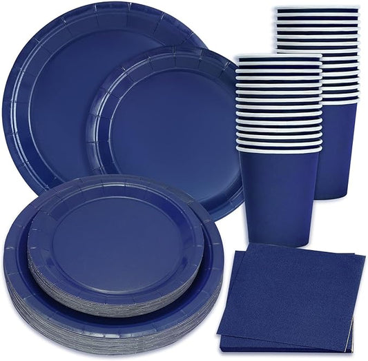 Whaline 100Pcs Navy Blue Tableware Set Wedding Disposable Dinnerware Set Paper Plates Napkins and Cups for 25 Guests Wedding Birthday Bride Shower Party Supplies Table Decorations