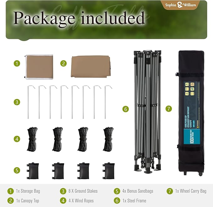 Sophia & William Canopy Tent Pop Up 10x10 ft, One Person Push Set Up Tent, Outdoor Canopies Shelter Heavy Duty Straight Legs with 4 Sandbags & Guy Ropes, 1 Roller Bag & Storage Bag, 8 Stakes, UPF50+