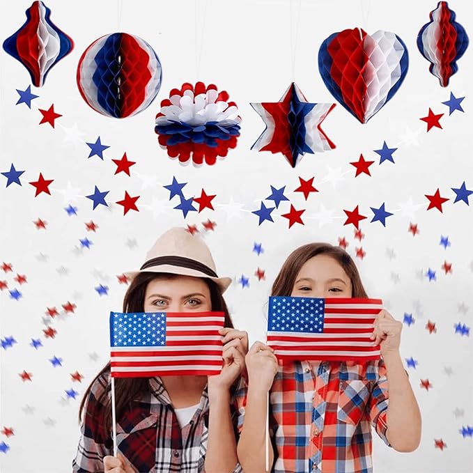 4th of July Decor - Independence Day Honeycomb Pendant Decor Red Blue and White Paper Fans Poms for Fourth of July Patriotic Decorations Wedding Graduation Independence Day 6 Count