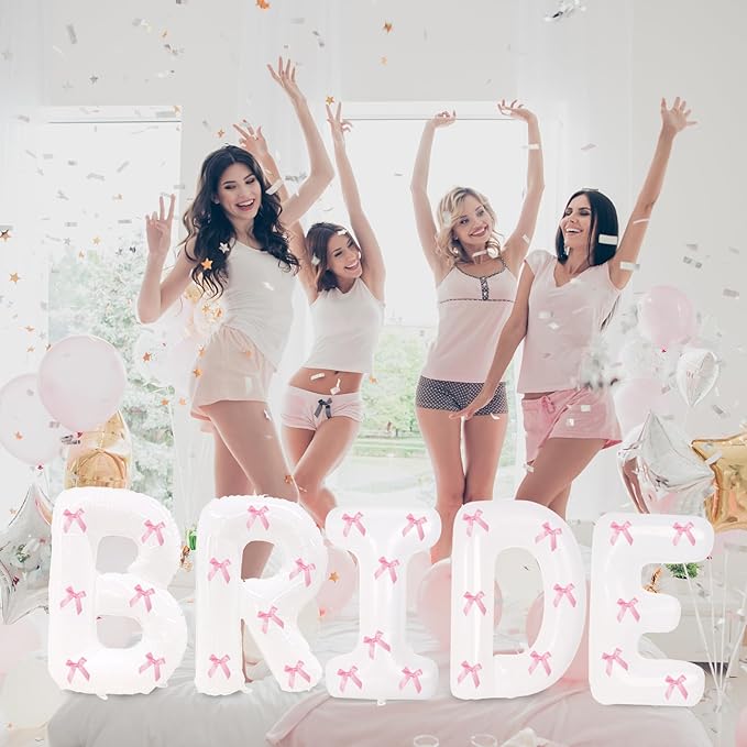 40 Inch White Bride Balloons with Pink Bows, Jumbo Bachelorette Party Décor Bride Letter Balloons Bridal Photo Booth Bridal To Be Banner for Wedding Bachelorette Party Decorations