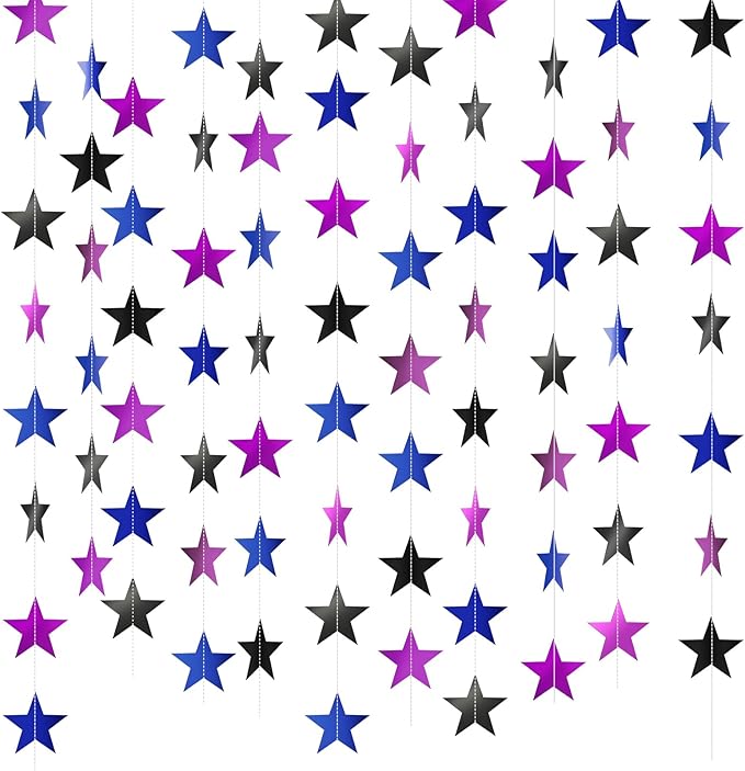 Patelai Glitter Star Garland Banner 2026 Graduation Decor 130 Feet Star Hanging Banner Twinkle Backdrop for Party Birthday Classroom Wedding Supplies(Blue,Black,Purple)