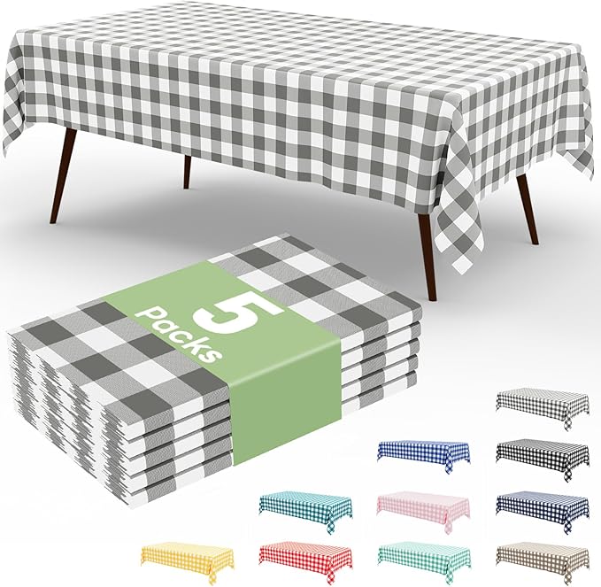 misaya 5 Packs Buffalo Disposable Table Cloth, 54 x 108 Inch Waterproof Plastic Tablecloth, Rectangle Grey and White Checkered Table Covers for Picnic, Birthday, Party