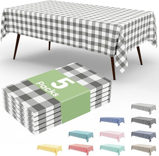 misaya 5 Packs Buffalo Disposable Table Cloth, 54 x 108 Inch Waterproof Plastic Tablecloth, Rectangle Grey and White Checkered Table Covers for Picnic, Birthday, Party