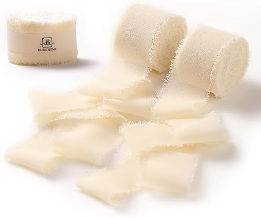 DORIS HOME 1" x21Yd Chiffon Ribbon for Flower Bouquet, Ivory Fabric Ribbon for Gift Wrapping, Handmade Frayed Ribbon for Wedding Invitations/Christmas Decorations