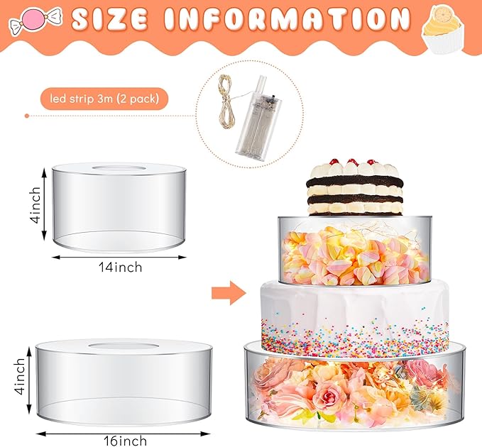 Sunnyray 2 Pcs Acrylic Cake Stands for Dessert Table Clear Fillable Cake Riser Cupcake Tier with LED Strings for Birthday Wedding Holiday Party Display(14'', 16'')