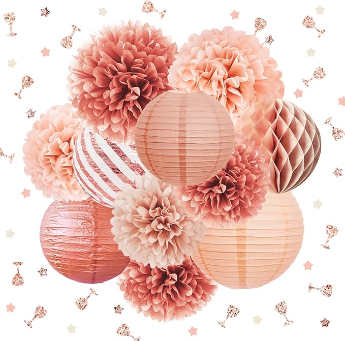 NICROLANDEE Rose Gold Party Decorations -12PCS Elegant Party Supplies Tissue Pom Poms Paper Lantern Glitter Confetti 30G for Valentines Wedding Bridal Shower Birthday Bachelorette Party Decorations