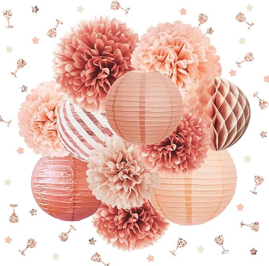NICROLANDEE Rose Gold Party Decorations -12PCS Elegant Party Supplies Tissue Pom Poms Paper Lantern Glitter Confetti 30G for Valentines Wedding Bridal Shower Birthday Bachelorette Party Decorations