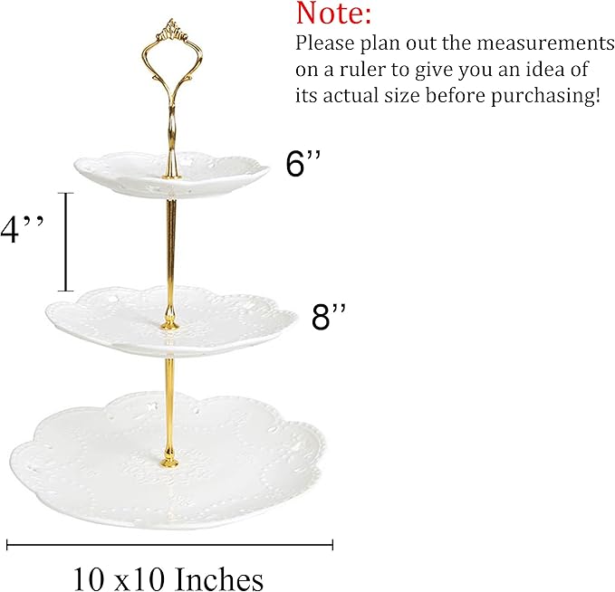 Jusalpha Cupcake Stand 3 Tier White Porcelain Cake Stand Dessert Stand Tea Party Serving Platter, Comes in a Gift Box- Free Sugar Tong (White)