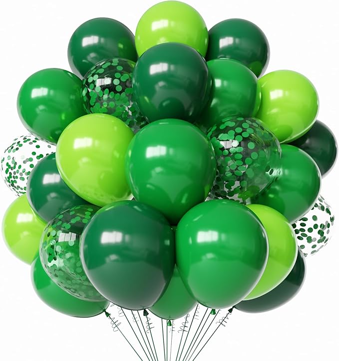 Green Latex Balloons, 50pcs 12 Inches Dark Green Lime Green Confetti Balloons with 1 Ribbon for St. Patrick's Day, Jungle Safari, Birthday Party Decorations