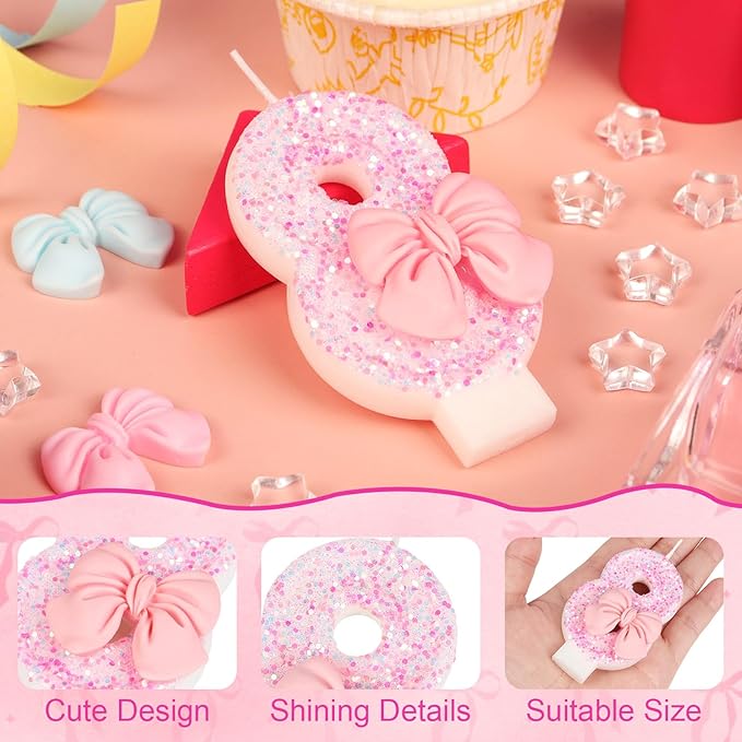 Pink Bow Number 8 Birthday Candle, Glittering Candles Birthday Cake Topper, Princess Themed Party Decor for Girls and Women Anniversary Party Supplies