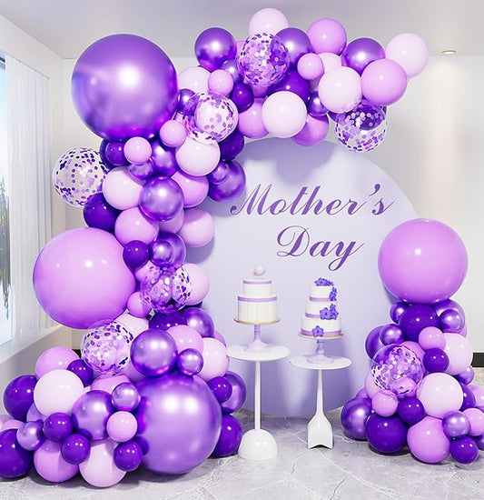 Purple Balloons Garland Arch Kit,132pcs Mothers Day Balloon Arch Kit with Different Sizes Pastel Dark Purple Metallic Purple Balloon & Confetti Balloon, for Mothers Day Decorations,Wedding,Birthday