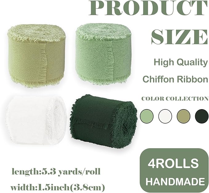 Chiffon Ribbon,1.5 inch x 21 Yards 4 Rolls Green Handmade Fringe Edges Chiffon Ribbon for Gift Wrapping Wedding Invitations Bridal Bouquets Crafts Home Decor (Green)