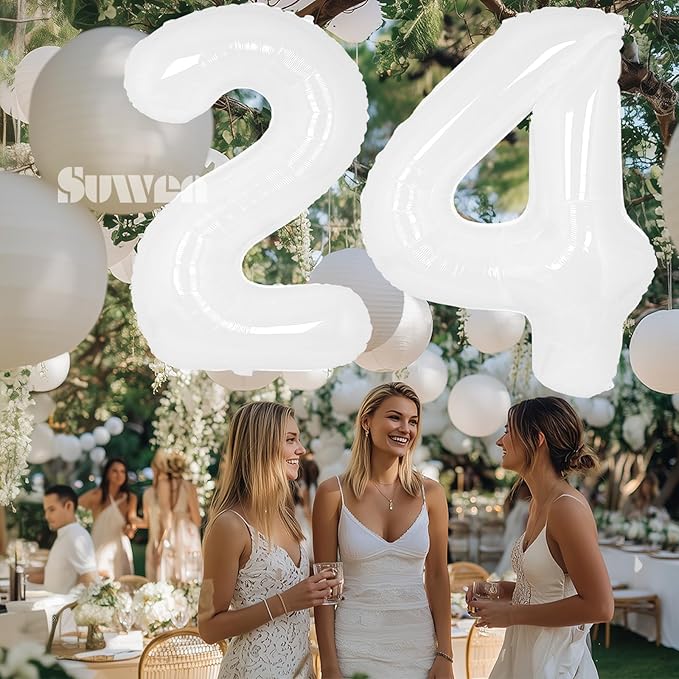 SUWEN 40 Inch White Large 24 Number Balloons Big Foil Helium Number Balloons 0-9 Giant Jumbo Happy 24th Birthday Party Decorations for Men or Women Huge Mylar 42 Anniversary Party Supplies