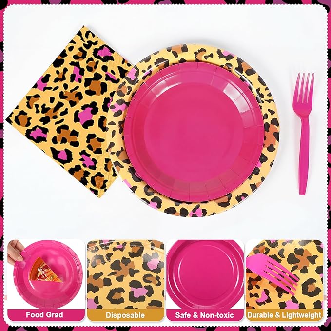 Uiifan 144 Pcs Pink Cheetah Print Party Decorations Supplie Set - Disposable Leopard Tableware Set for 24 Guests with Plate Plastic Spoons Forks Knives Napkins, Jungle Animal Birthday Cheetah Theme
