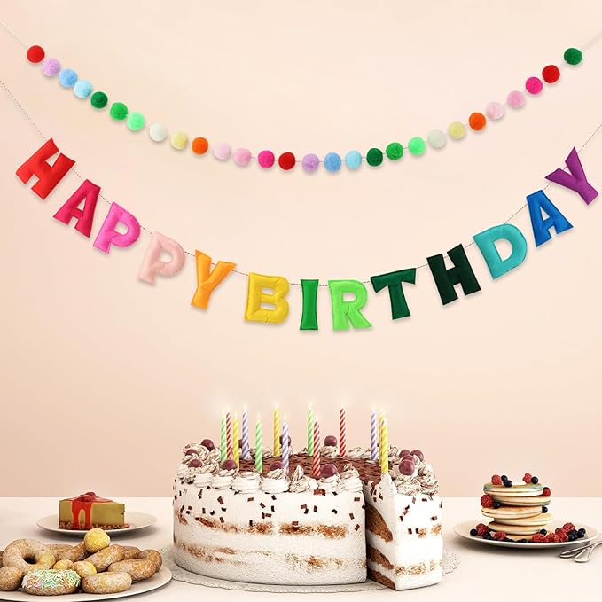 Pre-Strung Happy Birthday Banner,Felt Ball Garland HAPPY BIRTHDAY Pennant Flag,Colorful Rainbow-Birthday Decorations, Multicolor BuntingTriangle Flags,Party Decor,Photo Prop(43 Pcs)