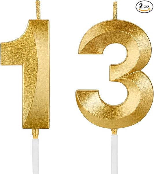 Birthday Candles, 1.96 Inch Number 13 Happy Birthday Candles, Number Candles Decoration for Birthday Party and Anniversary Celebration(Champagne Gold)