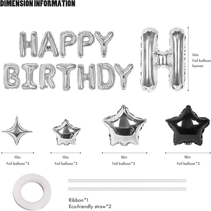 CANREVEL Happy Birthday Banner 13pcs 16 Inch Mylar Foil Letters with 12pcs Star Balloons Birthday Party Decorations for Kids and Adults - 3D Silver