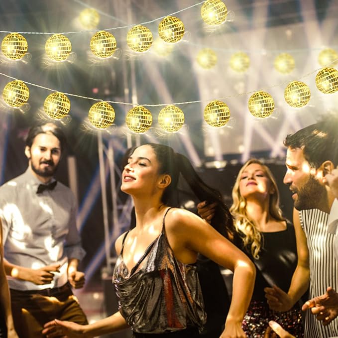 AceList 20 LED 9.8ft Disco Ball String Light - Battery Powered and USB Plug, Disco Ball Lights for 70's Disco Party Decorations and Birthday Parties, Mamma Mia (Gold)