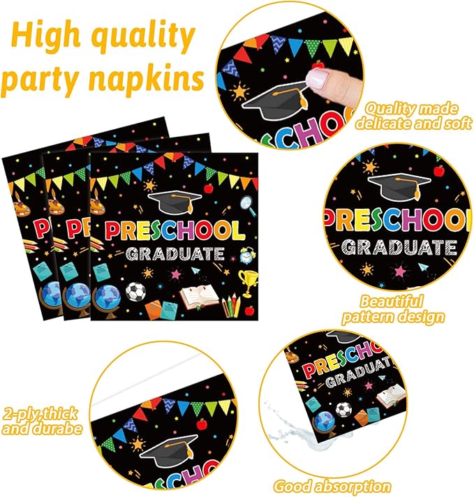 Preschool Graduation Party Supplies Pre-K Grad Tableware Set Kindergarten Graduation Plate Napkin Kindergarten Disposable Paper Dinnerware Kit for Graduate Party decoration Favor 24 Guest (Black)