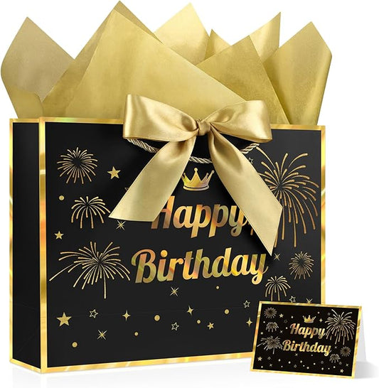 JMANNI Black Gold Happy Birthday Gift Bag with Card and Tissue Paper, 12.6"×9.84"×3.9" Elegant Present Bag for Men Women, Year Old Birthday Keepsake Party Supplies