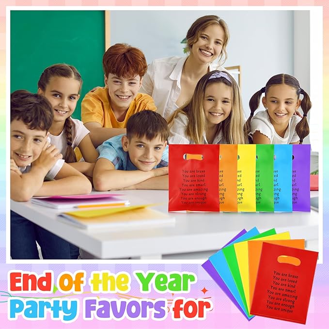 Coume 100 Sets End of Year Gifts Bags for Students 6 Colors Inspiration Quotes Plastic Party Favors Treat Bags with Handles Birthday Party Favors, 6" x 8"