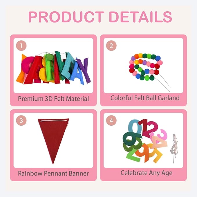 Happy Birthday Banner Pre Strung Felt Decorations Reusable Party Garland Set Rainbow Birthday Supplies With Ball Garland And Pennant Flag For Girls Boys Women Men Photo Prop Room Decor Rainbow