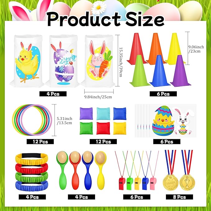 Cinrobiye 62 Pcs Easter Outdoor Games Set, Lawn Field Day Party Games with Potato Sack Race, Egg and Spoon, Three Legged Race, Ring Toss, Bean Bags for Easter Spring Carnival Yard Activities
