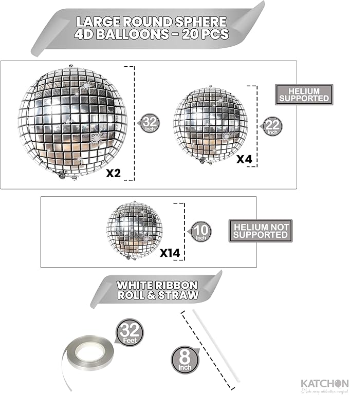 KatchOn, Silver Disco Ball Balloons - 32 Inch, Pack of 20 | Shiny Disco Ball for Disco Party Decorations | 4D Disco Balloons for Disco Bachelorette Party Decorations | Graduation Decorations 2026