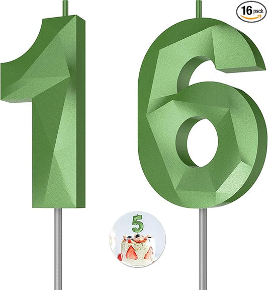 Number Birthday Candles(16 Candle Green) 3D Diamond Shape Number Happy Birthday Cake Candles for Birthday Party Wedding Decoration Reunions Theme Party