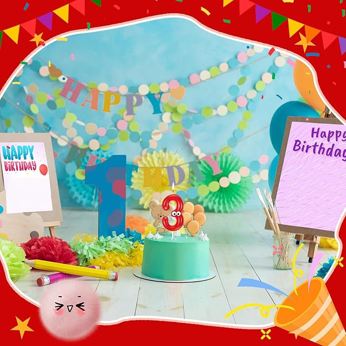 MTLEE Number Birthday Candle Monster Theme Candles Cookies Cake Topper for Girl Boy Cartoon Birthday Party Cake Decorations Supplies(Red,Number 3)