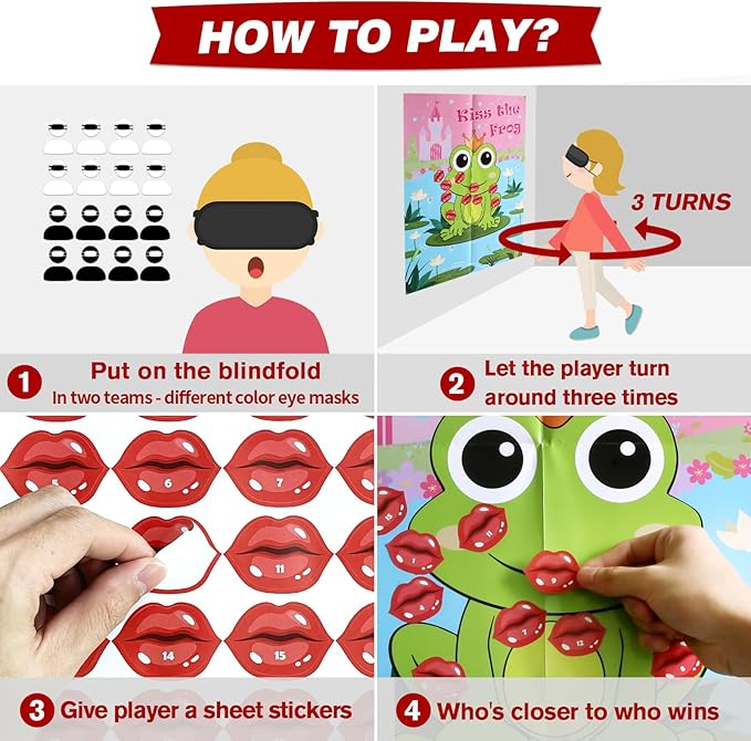 PARTYLOUD Valentine Party Games, Pin The Kiss on The Frog, 24 PCS Valentine Party Games Classroom Toddlers Preschool Party Supplies Favors for Boys Girls Adults