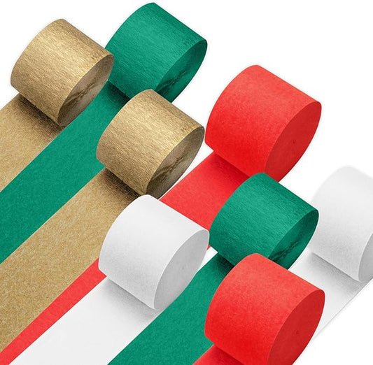 PIGETALE Crepe Paper Streamers 8 Rolls 656ft, Pack of Green, Red, Gold, White Party Streamers for Christmas Decorations, Streamers Party Decorations, Holiday Decorations Indoor (1.8 Inch x 82 Ft/Roll)