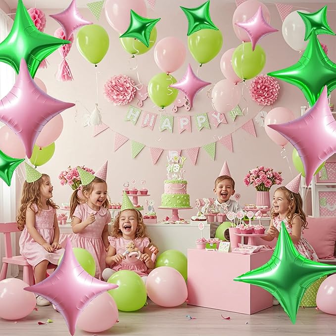 TONIFUL 30Pcs 26In&10In Star Balloons Green Light Pink Four Pointed Foil Mini Star Mylar Balloons for Birthday Wedding Baby Shower Anniversary Engagement Party Decor Supplies