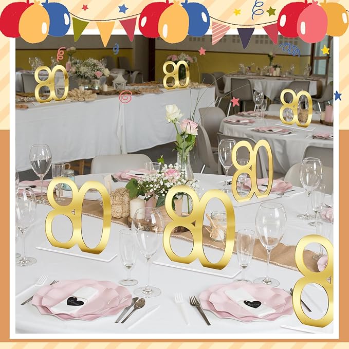 Threehoney 6 Pcs Mirror Gold 80th Birthday Decorations for Men and Women Acrylic Anniversary Decorations Table Numbers Centerpieces for Birthday Party