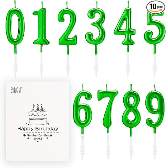 Beanlieve Green Numeral Birthday Candles - Cake Numeric Candles Number 0 1 2 3 4 5 6 7 8 9,Used for Cake Decoration on Birthday Parties and Wedding Anniversary Celebrations(10 Pieces)
