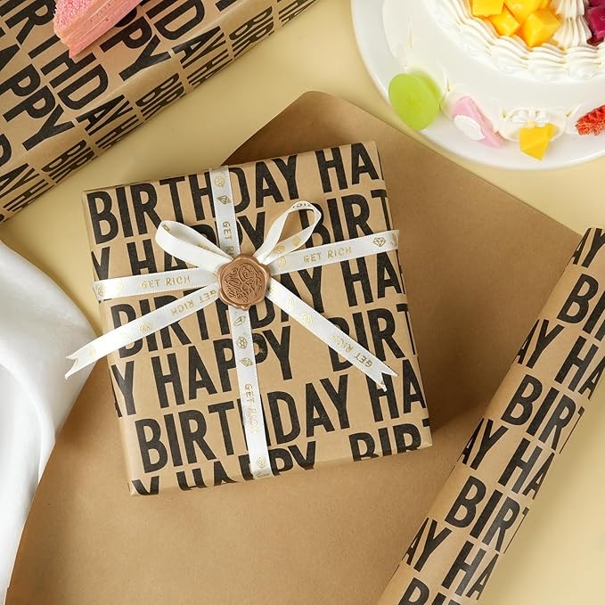 MAMUNU Birthday Wrapping Paper Roll, Black Kraft Happy Birthday Wrapping Paper Jumbo Roll, Brown and Black Kraft Gift Wrap Set for Boys Men Women Girls, 17x590 inch (70 sq. ft.)