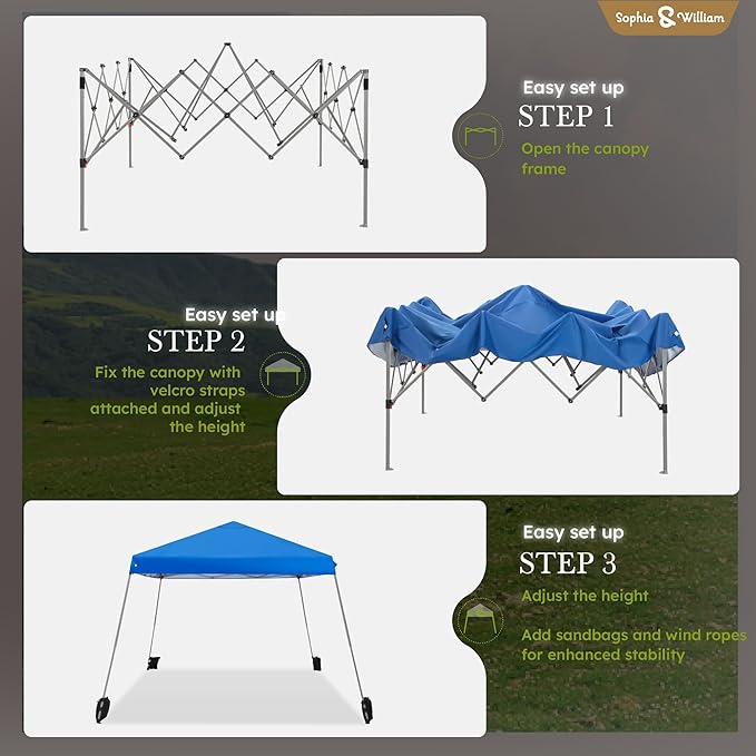 Sophia & William Canopy Tent Pop Up 12x12ft Base/9x9ft Top Easy Set Up Tent Slant Legs, Outdoor Canopies Shelter Heavy Duty with 4 Sandbags, 1 Roller Bag & Storage Bag, 8 Stakes & 4 Guy Ropes UPF50+